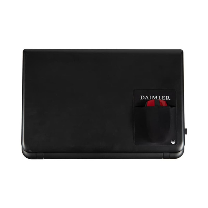 A black laptop with a side pouch containing a mouse, featuring a logo.