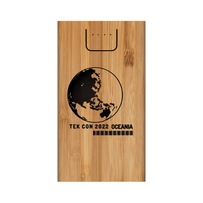 A bamboo wireless power bank with a globe design, featuring a logo and a natural wood finish.