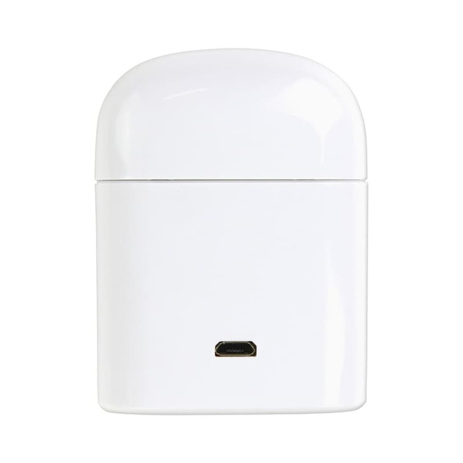 A white charging case for true wireless stereo earphones, featuring a small port at the bottom.