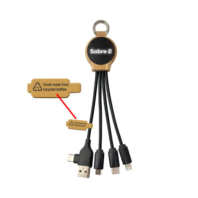 A charging cable holder in wood design with multiple charging cords in black, featuring a logo and a message about recycled materials. A charging cable holder in wood design with multiple charging cords in black, featuring a logo and a message about recycled materials.