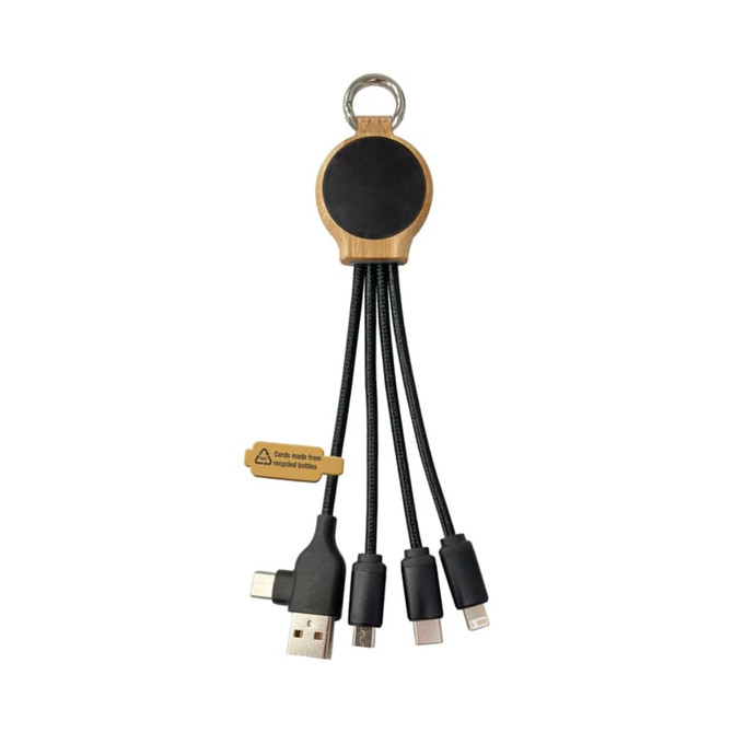 A multi-port charging cable in black with a wooden connector housing and a keyring attachment. A multi-port charging cable in black with a wooden connector housing and a keyring attachment.
