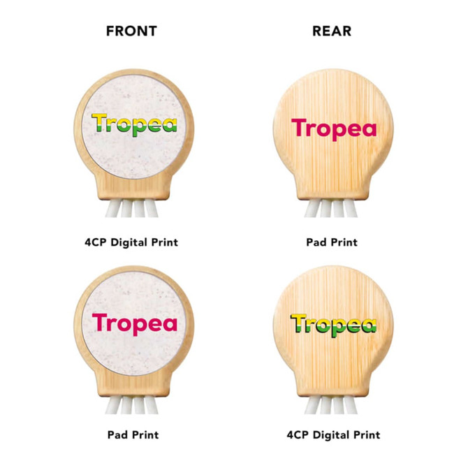 A round product with a bamboo finish, featuring a logo on both sides, includes charging cables in white.