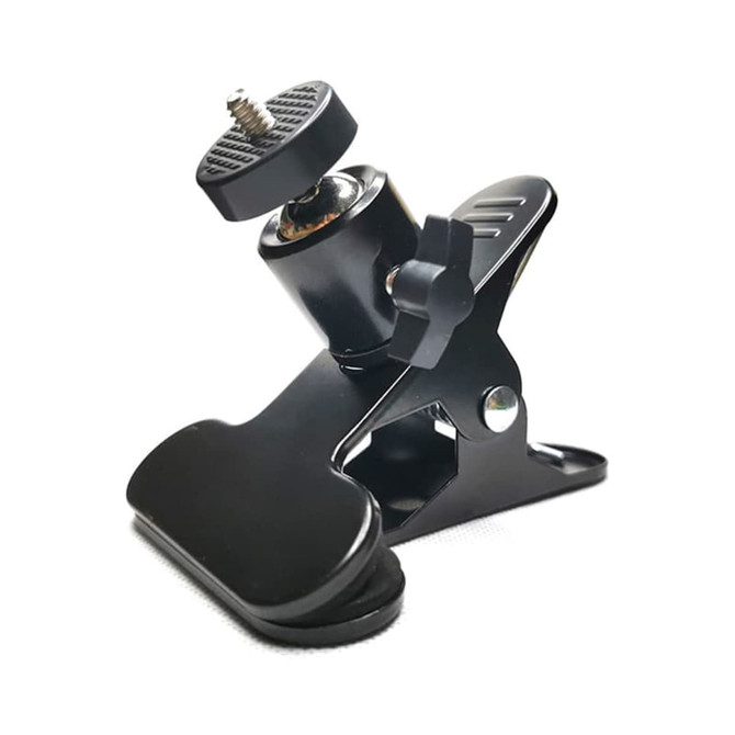 A black clamp-style mount with a threaded attachment for securing devices. Designed for versatility in positioning.