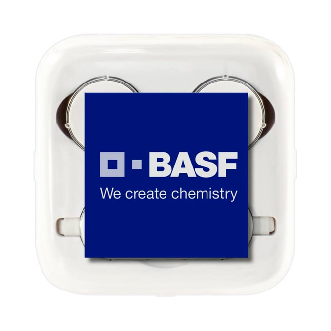 A pair of white Bluetooth earphones in a charging case, featuring a blue square with a logo. A pair of white Bluetooth earphones in a charging case, featuring a blue square with a logo.