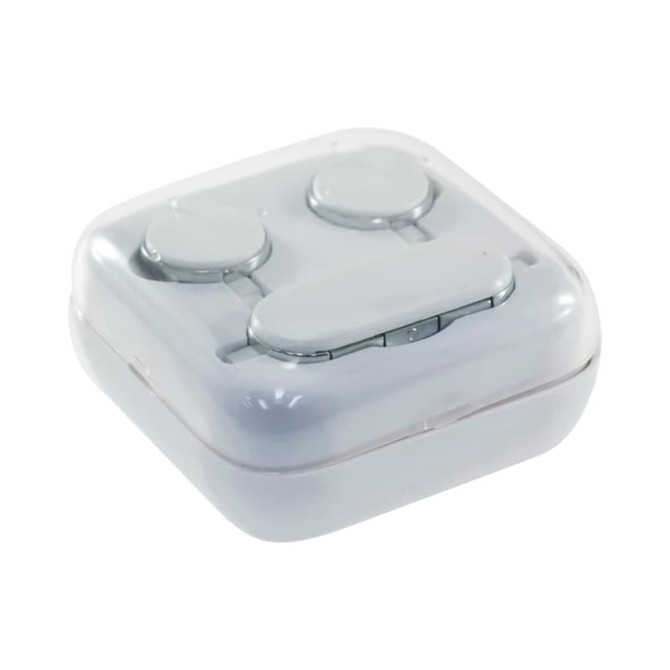 White Bluetooth earbuds housed in a compact, transparent case with a simple design and a branding logo. White Bluetooth earbuds housed in a compact, transparent case with a simple design and a branding logo.