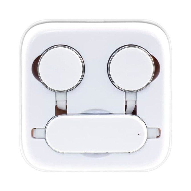 A pair of white Bluetooth earphones in a compact case, featuring a sleek design and a central control unit. A pair of white Bluetooth earphones in a compact case, featuring a sleek design and a central control unit.