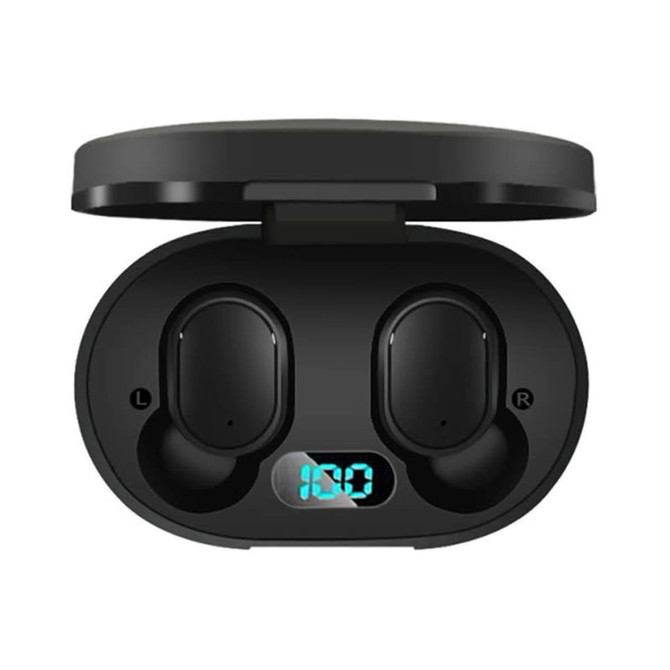 A pair of black wireless earbuds stored in a charging case with a digital display.
