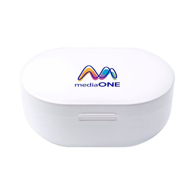 A white charging case for wireless earbuds featuring a multi-coloured logo on the top.