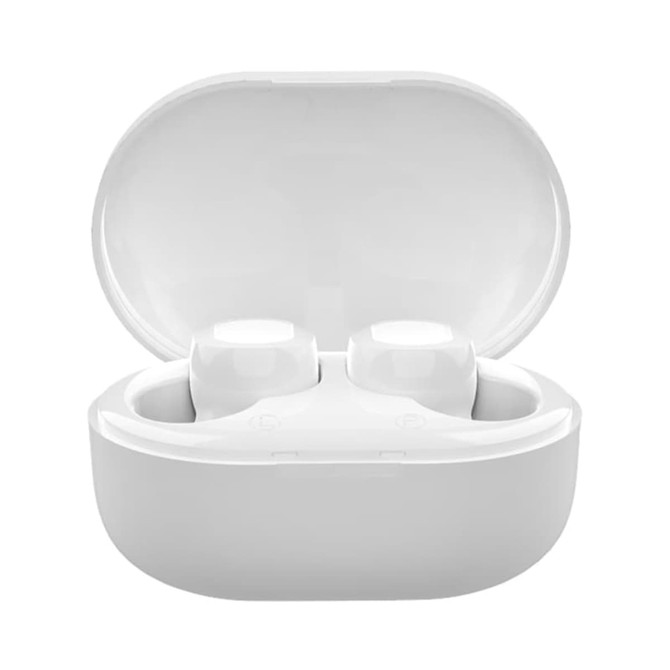 A pair of white true wireless stereo earbuds in a charging case, with the case open.