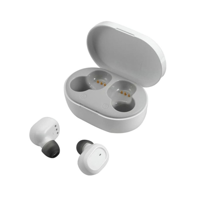 White true wireless stereo earbuds in a charging case, with one earbud placed outside the case.
