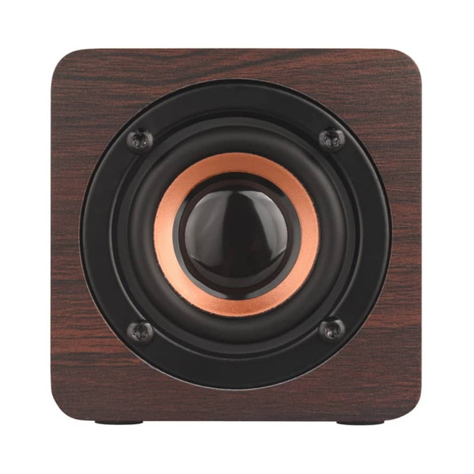 A square speaker with a wood-patterned exterior, featuring a black and copper speaker cone. It has a simple, elegant design.
