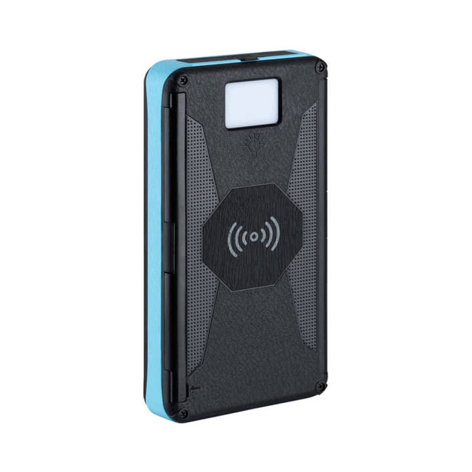 A wireless power bank with a blue and black design featuring a logo and textured surface.