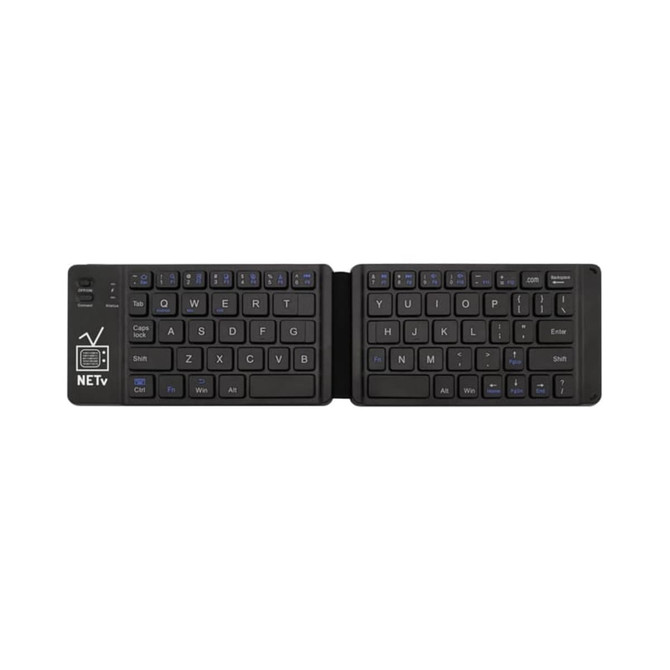A foldable Bluetooth keyboard in black, featuring a compact layout and a logo on the left side.
