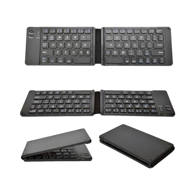 A foldable black Bluetooth keyboard displayed in various positions, featuring a compact design and a logo.