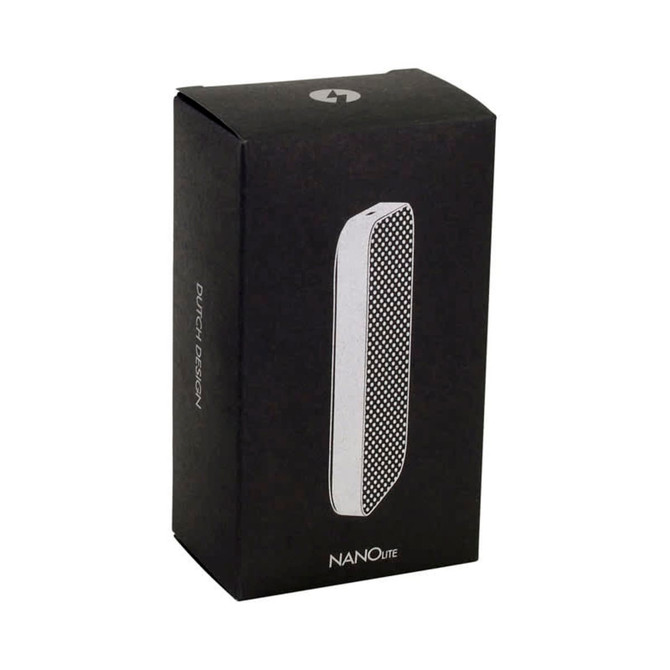 A Bluetooth speaker in a black box featuring a logo, with a sleek design and a mesh pattern.