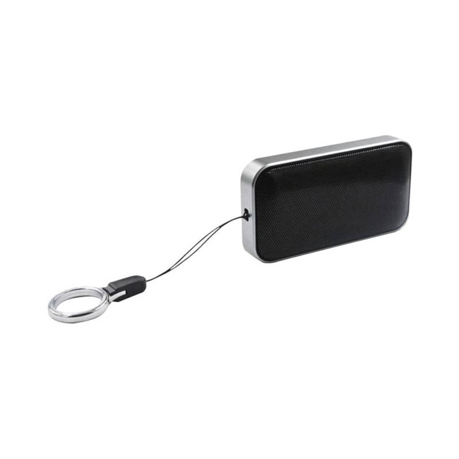 A compact black and silver Bluetooth speaker with a keyring attachment. It features a sleek rectangular design.