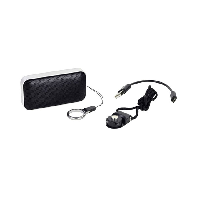 A compact black and silver Bluetooth speaker with a keychain attachment and USB charging cable.