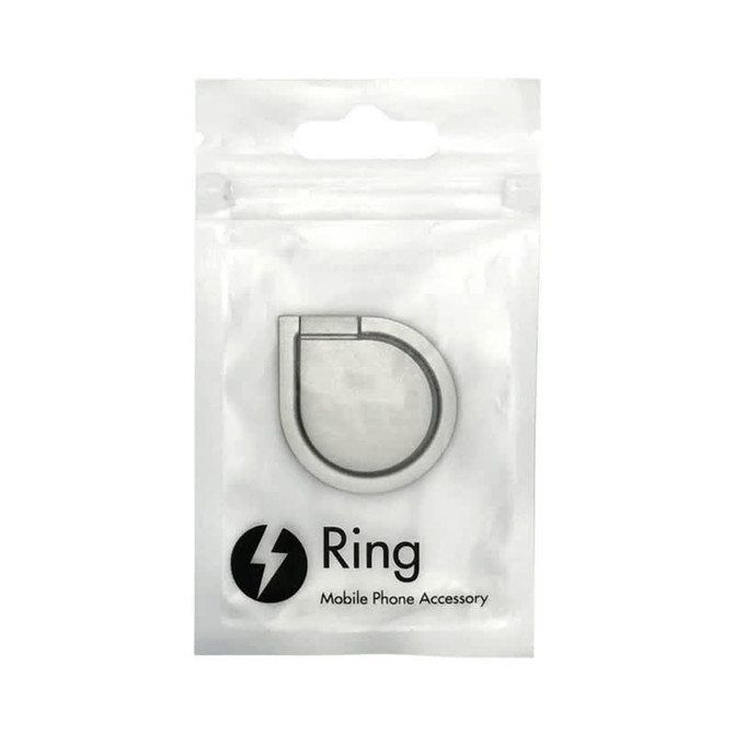 A packaged silver Ring Kickstand for phones, featuring a minimalist design and a logo.