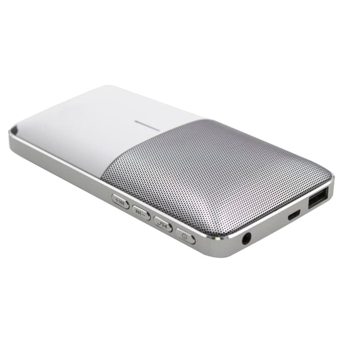 A white and silver Bluetooth speaker power bank with a textured speaker grille and control buttons on the side.