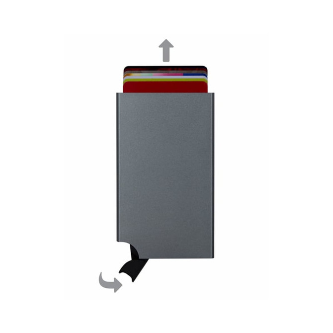 A grey RFID case with cards partially revealed at the top, featuring a pull tab and a logo.