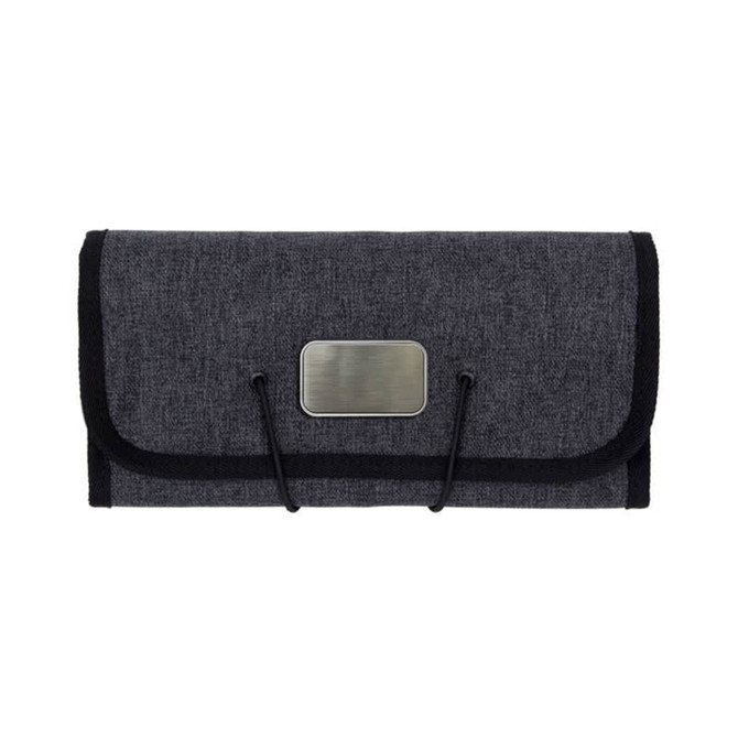 A grey folio accessory roll with a clasp closure, featuring a metallic logo and black trim.