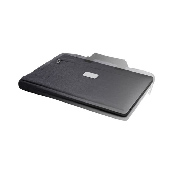A sleek black laptop case with a subtle logo, featuring a simple, modern design. A sleek black laptop case with a subtle logo, featuring a simple, modern design.