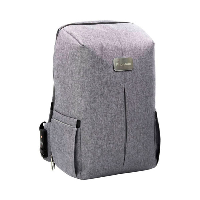 A grey backpack with a sleek design, featuring side pockets and a logo on the front.