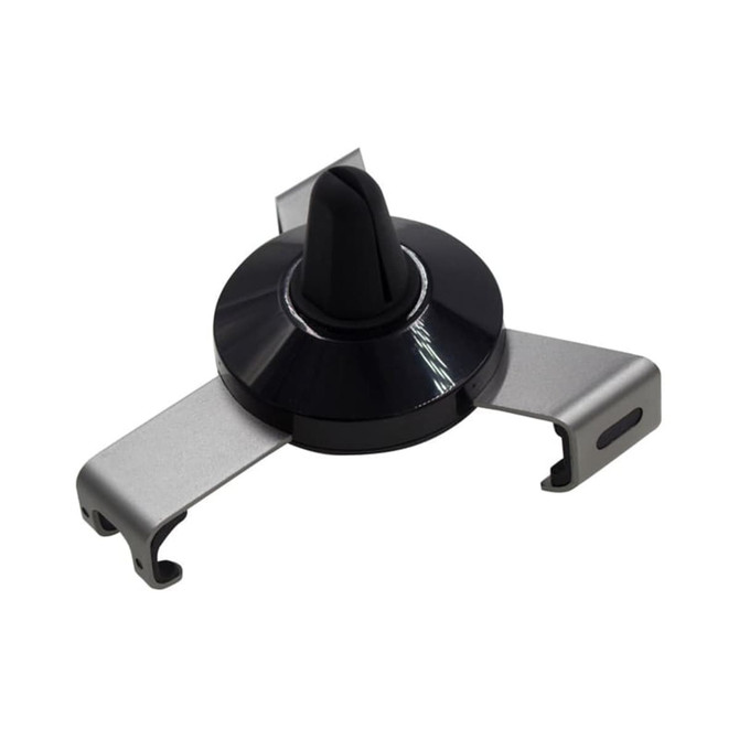 A car phone holder featuring a sleek black design with silver accents and a centre mount for secure phone placement.