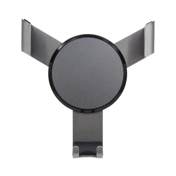A car phone holder in black and silver, featuring a circular mount and adjustable clips for air vents.