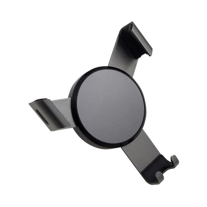 A black car phone holder with a circular mount and adjustable clips for securing a phone.