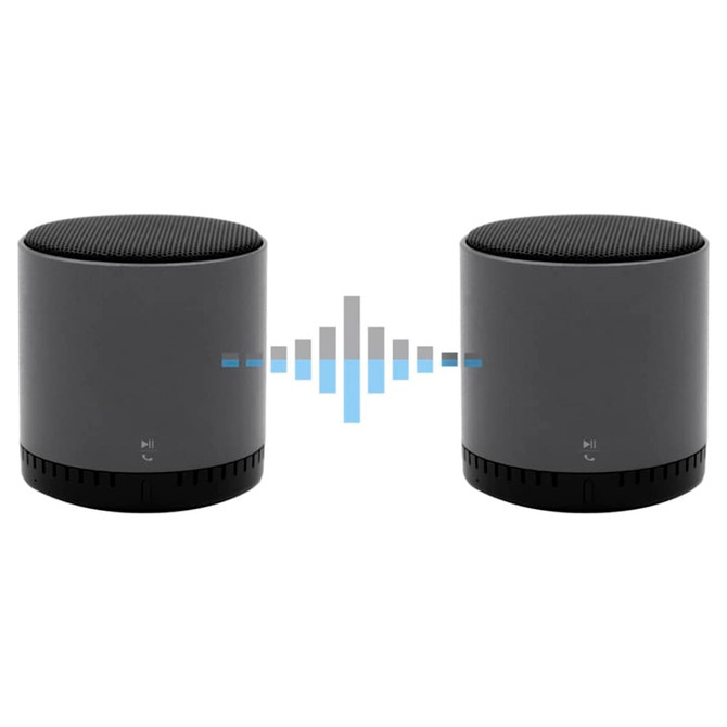 A pair of cylindrical grey speakers with a textured top and a logo at the front, featuring sound wave graphics.