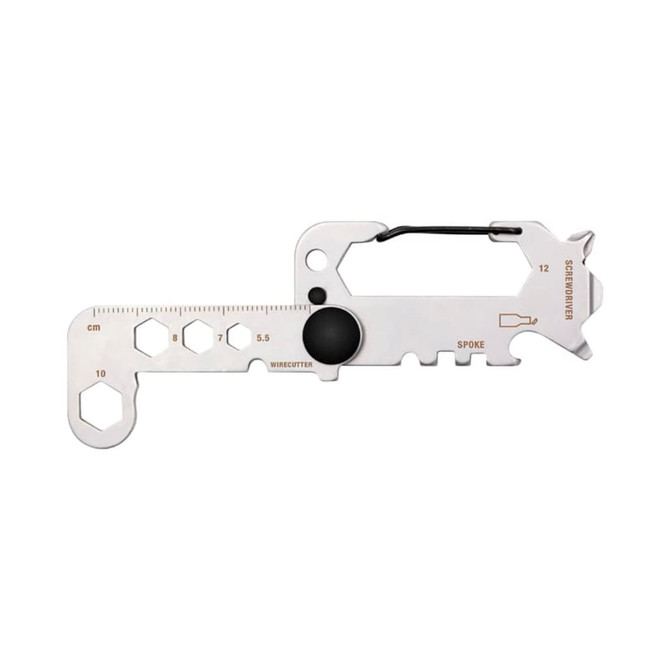 A silver multi-tool with various hexagon shapes, a bottle opener, and a carabiner clip. It features measurement markings.