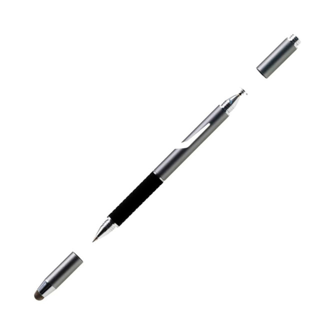 A silver stylus pen with a black grip, featuring a removable cap and an embedded logo.