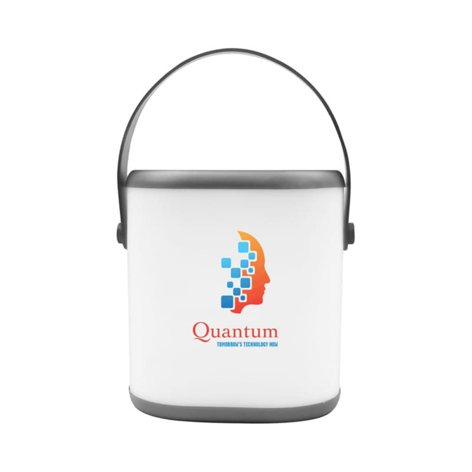 A white portable speaker with a grey handle, featuring a logo on the front.