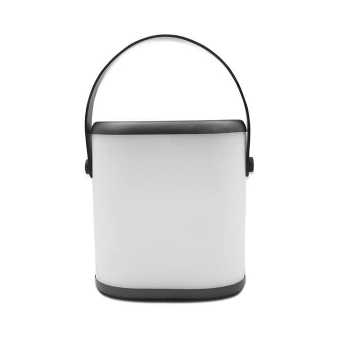 A portable LED speaker in white with a black handle, suitable for outdoor use. Features a simple, modern design.