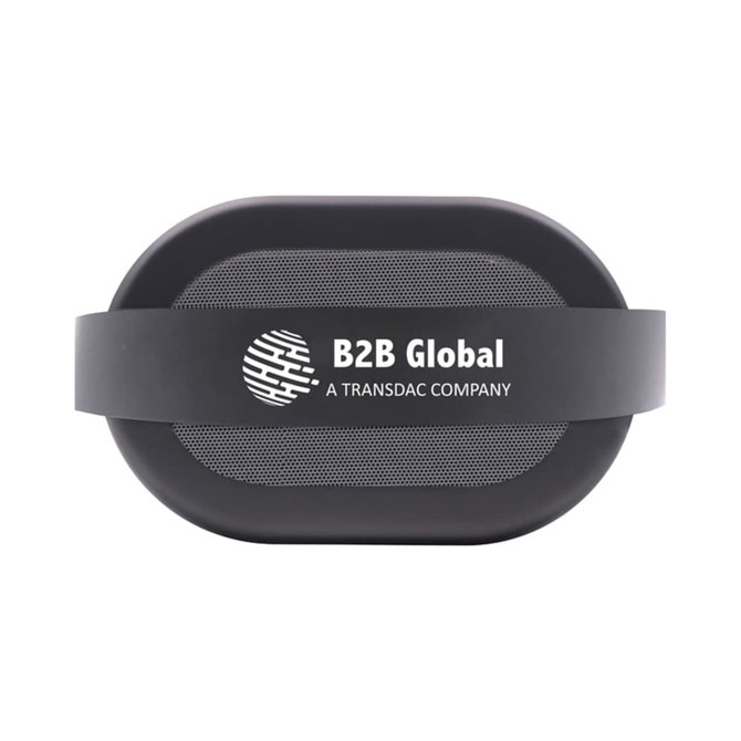 A portable black LED Bluetooth speaker with a mesh grille and a logo band.