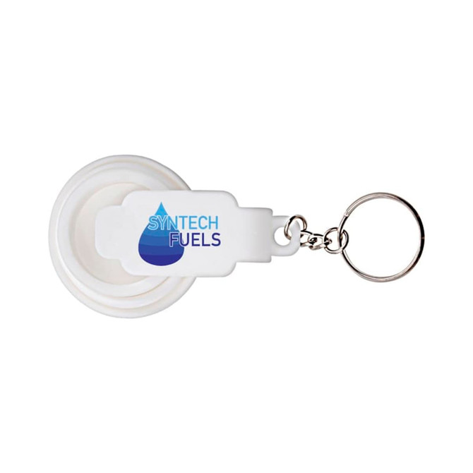 A white torch keychain featuring a circular design, with a keyring and branding displayed on the body.
