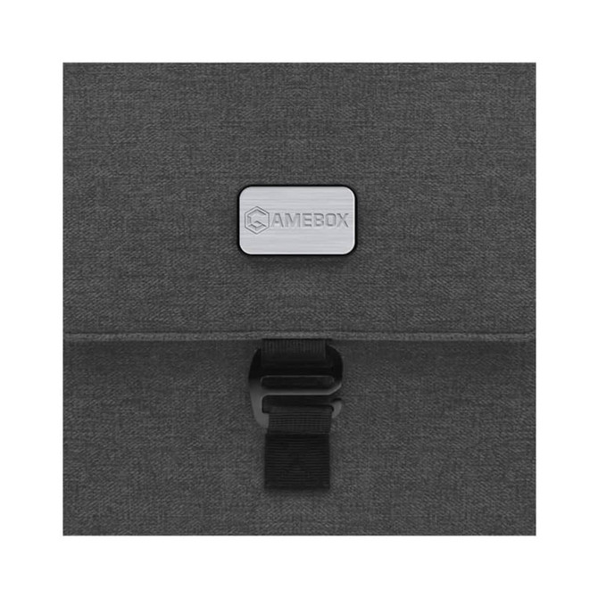 A dark grey laptop bag with a metallic logo and a clasp closure.