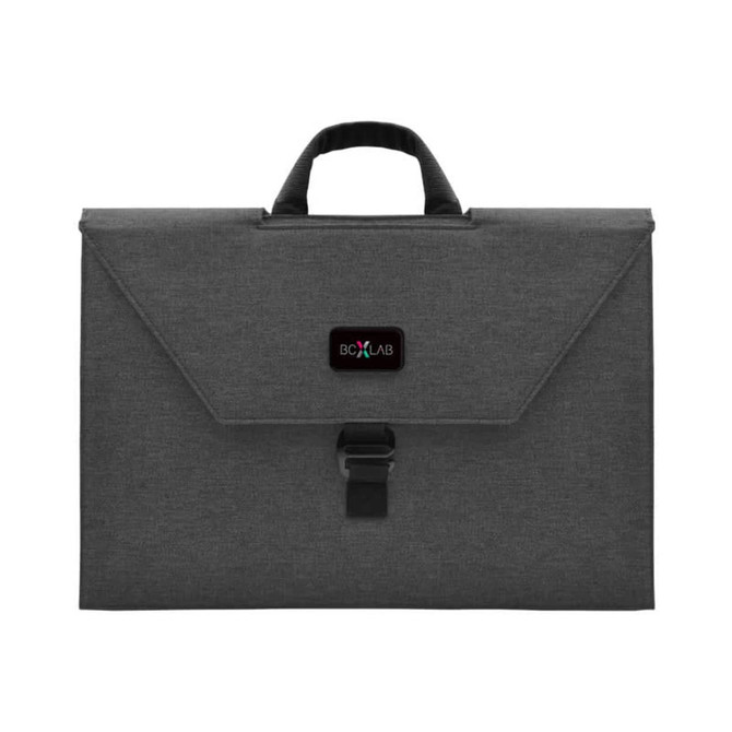 A grey laptop bag with a handle and a flap closure. It features a branding logo on the front.
