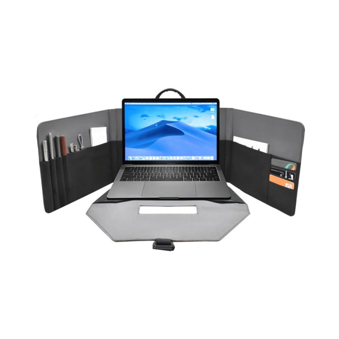 A grey laptop bag with compartments for a laptop, stationery, and cards, featuring a handle for easy transport.