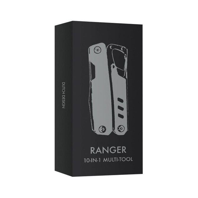 A sleek black box containing the Ranger 10-in-1 Multi-Tool, featuring a simple grey design and a logo.