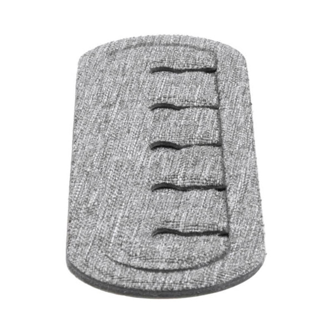 A grey cable organiser made from RPET with multiple slots for tidying cables. It has a logo on the surface.