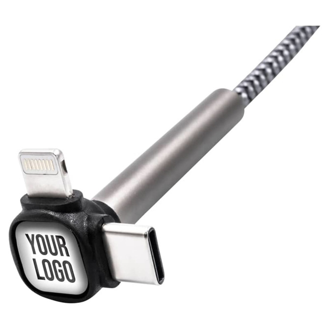 A grey charging cable with USB-C and Lightning connectors, featuring a branding area.
