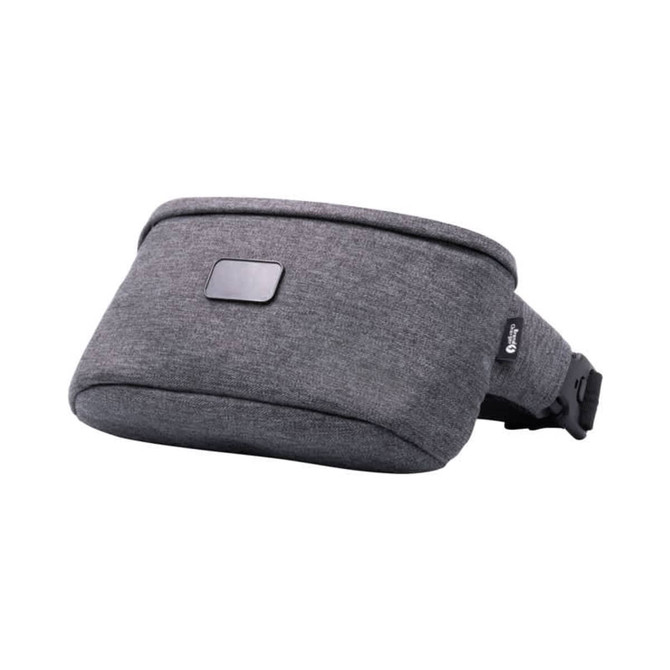 A grey anti-theft sling bag with a secure buckle and a smooth textured finish. It has a logo on the side.