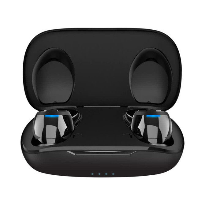 A pair of black Aria T6S PRO ANC wireless earbuds inside a charging case, featuring a sleek design with a logo.