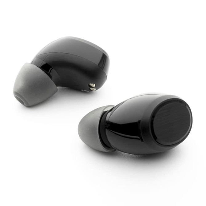 Wireless earbuds in glossy black with grey silicone tips, featuring a sleek design and logo branding.