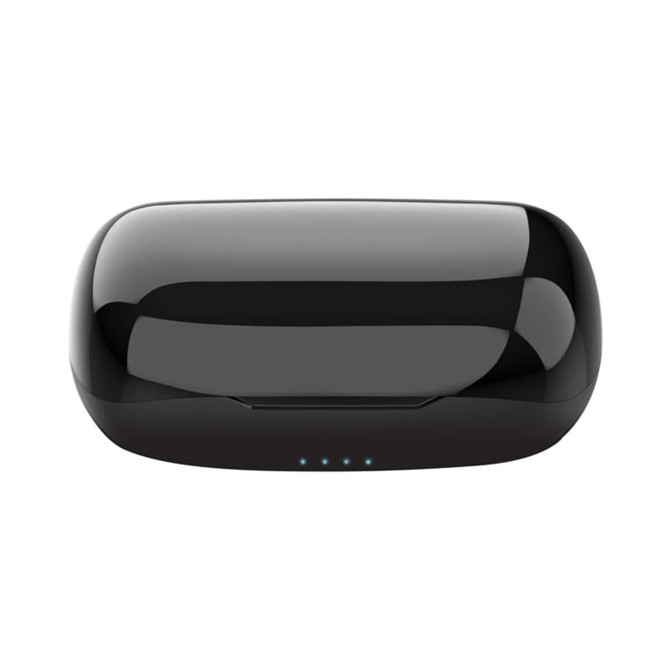 A sleek black charging case for wireless earbuds, featuring four LED indicator lights on the front.