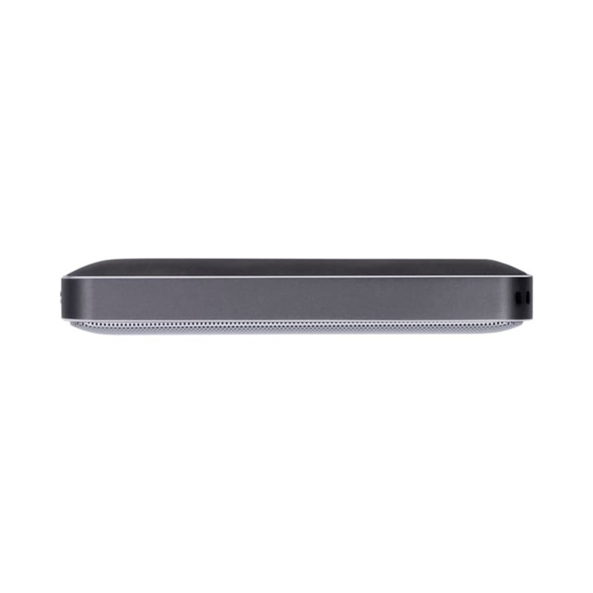 A black Bluetooth speaker with a sleek, rectangular design and a metal speaker grille along the bottom edge.