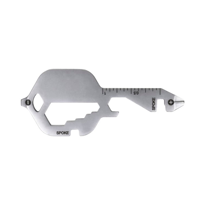 A silver multi-tool featuring a key shape, with various measurement markings and a brand logo.