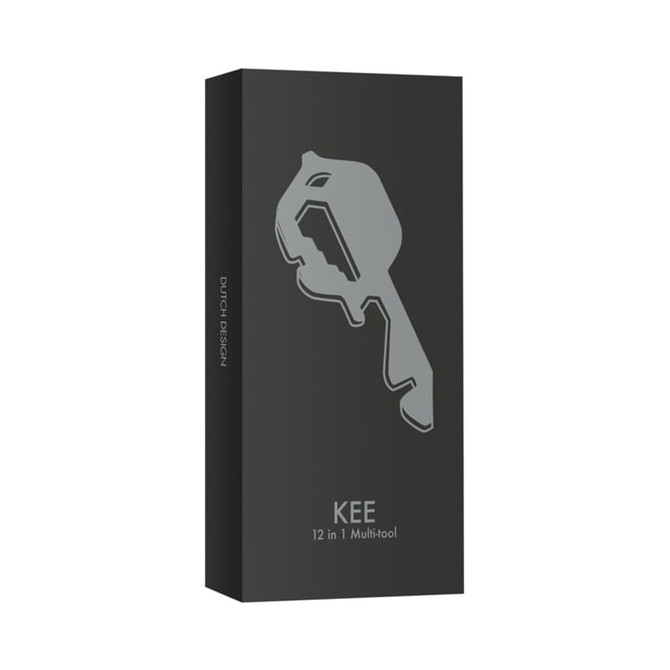 A sleek grey box containing the Kee Multi-tool, featuring a minimalist design and branding.